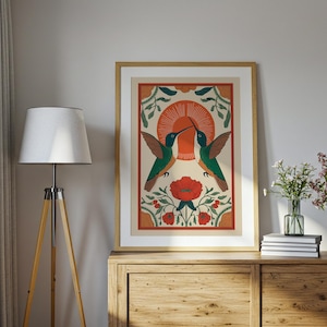 Scandinavian HummingBird Wall Art, Hummingbird Folk Art Print, Nature Folk Print, Scandinavian Decor, Farmhouse Wall Art, Digital Download