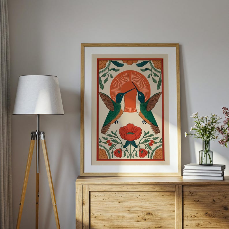 Scandinavian HummingBird Wall Art, Hummingbird Folk Art Print, Nature Folk Print, Scandinavian Decor, Farmhouse Wall Art, Digital Download