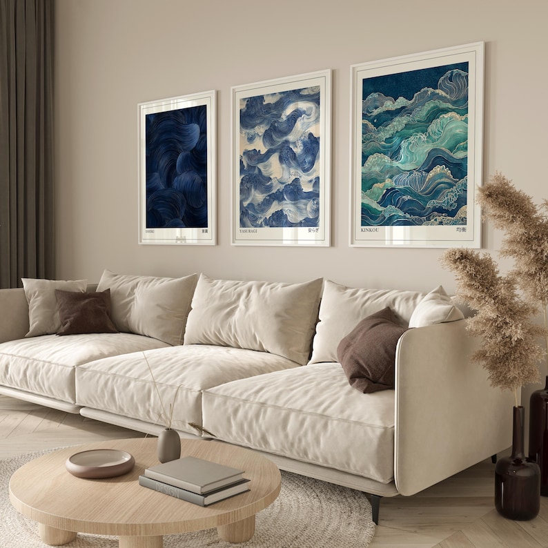 Japandi Wall Art Set of 3, Modern Abstract Wave Prints, Wabi Sabi Wall ...