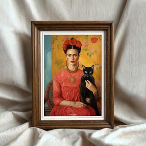 Frida Kahlo Portrait with Black Cat, Frida Khalo, Frida Kahlos Print, Mexican Art, Feminist Art Print, Printable Wall Art image 1