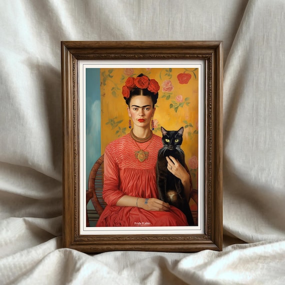 Frida Kahlo Portrait with Black Cat, Frida Khalo, Frida Kahlos Print, Mexican Art, Feminist Art Print, Printable Wall Art
