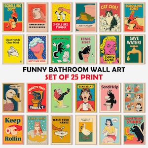 Impressions d&#39;art drôles de salle de bain : humour pop art rétro, lot de 25 (téléchargement numérique)