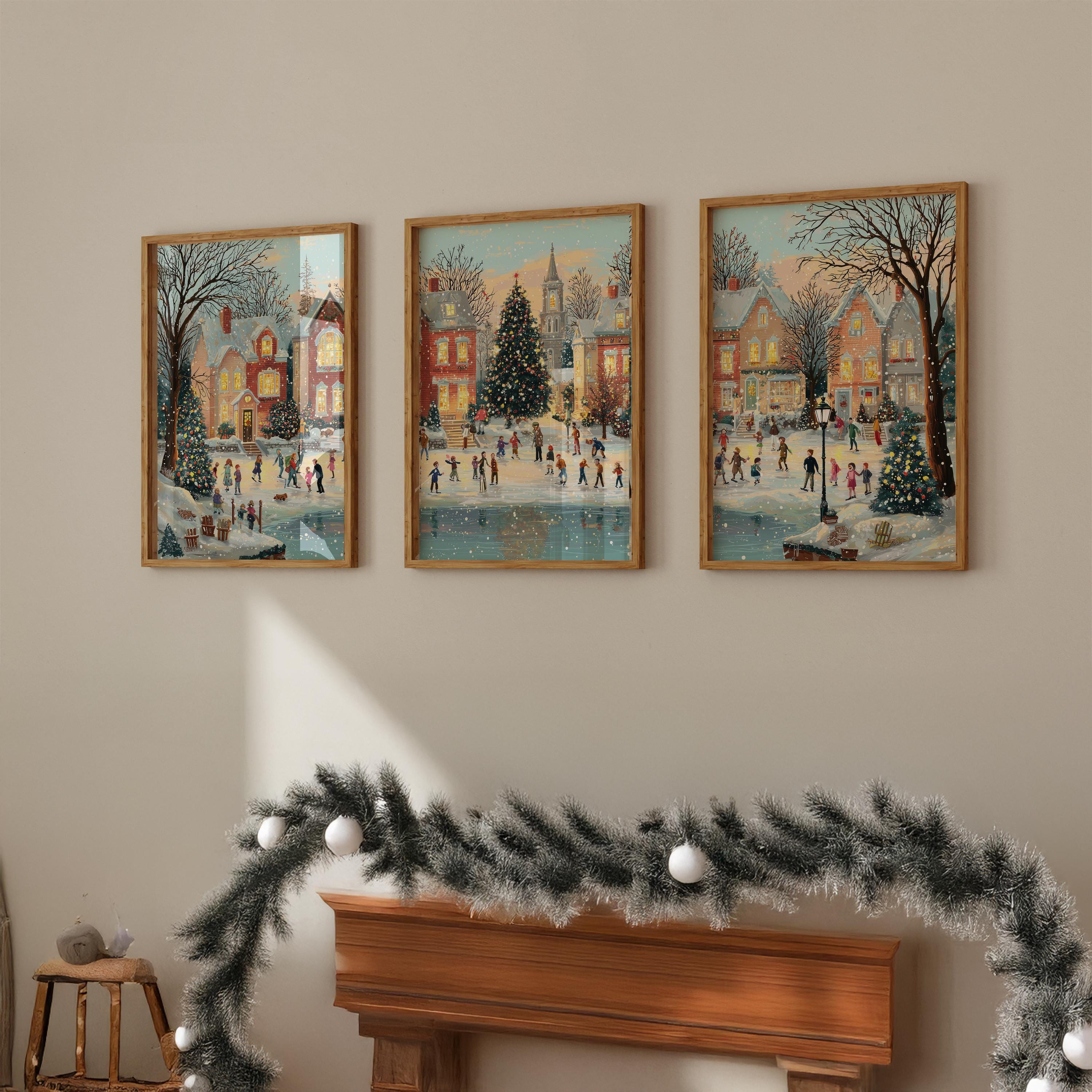 Vintage Christmas Village Set of 3, Winter Holiday Wall Art Prints ...