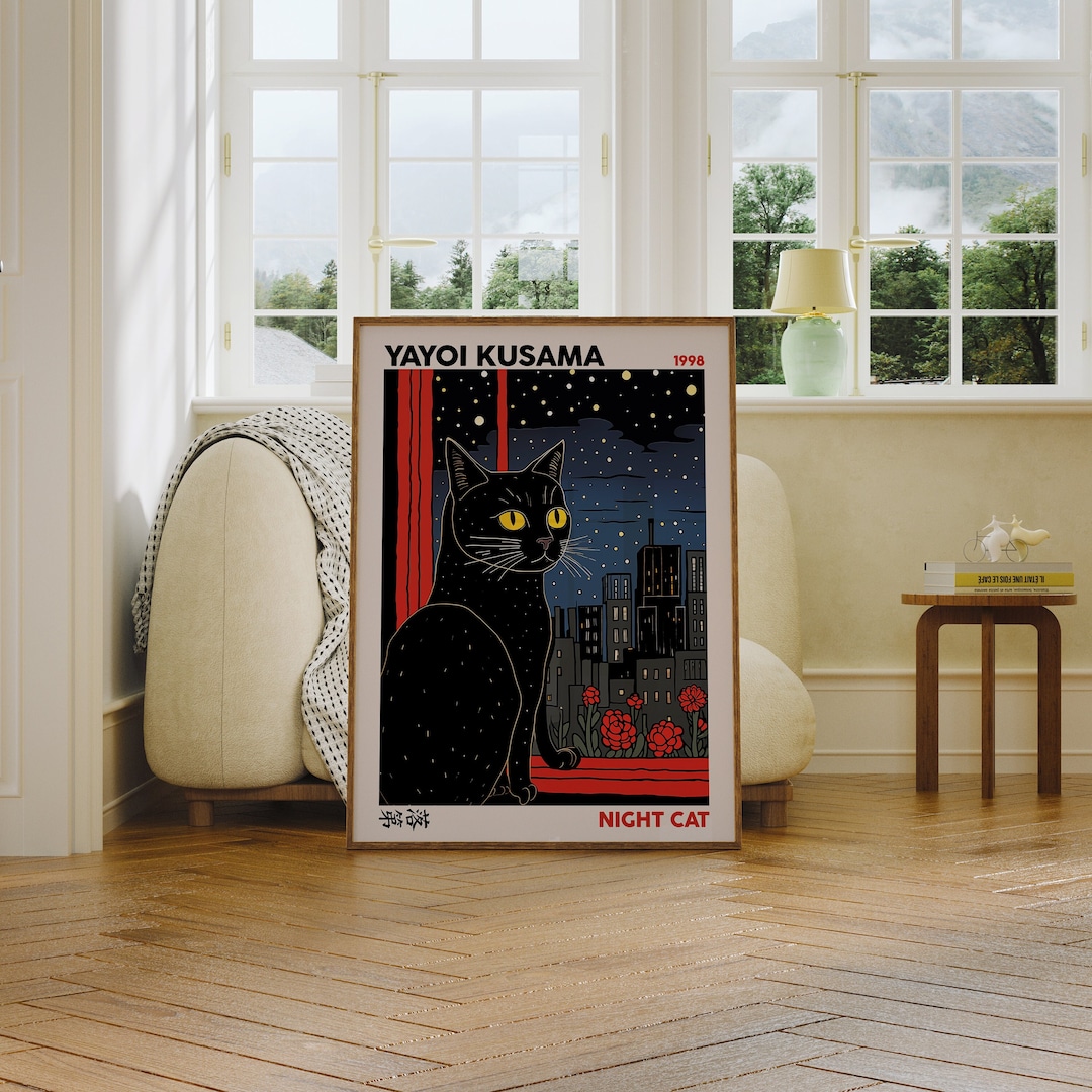 Yayoi Kusama Night Cat Poster, Yayoi Kusama, Cat Print, Japandi Wall ...