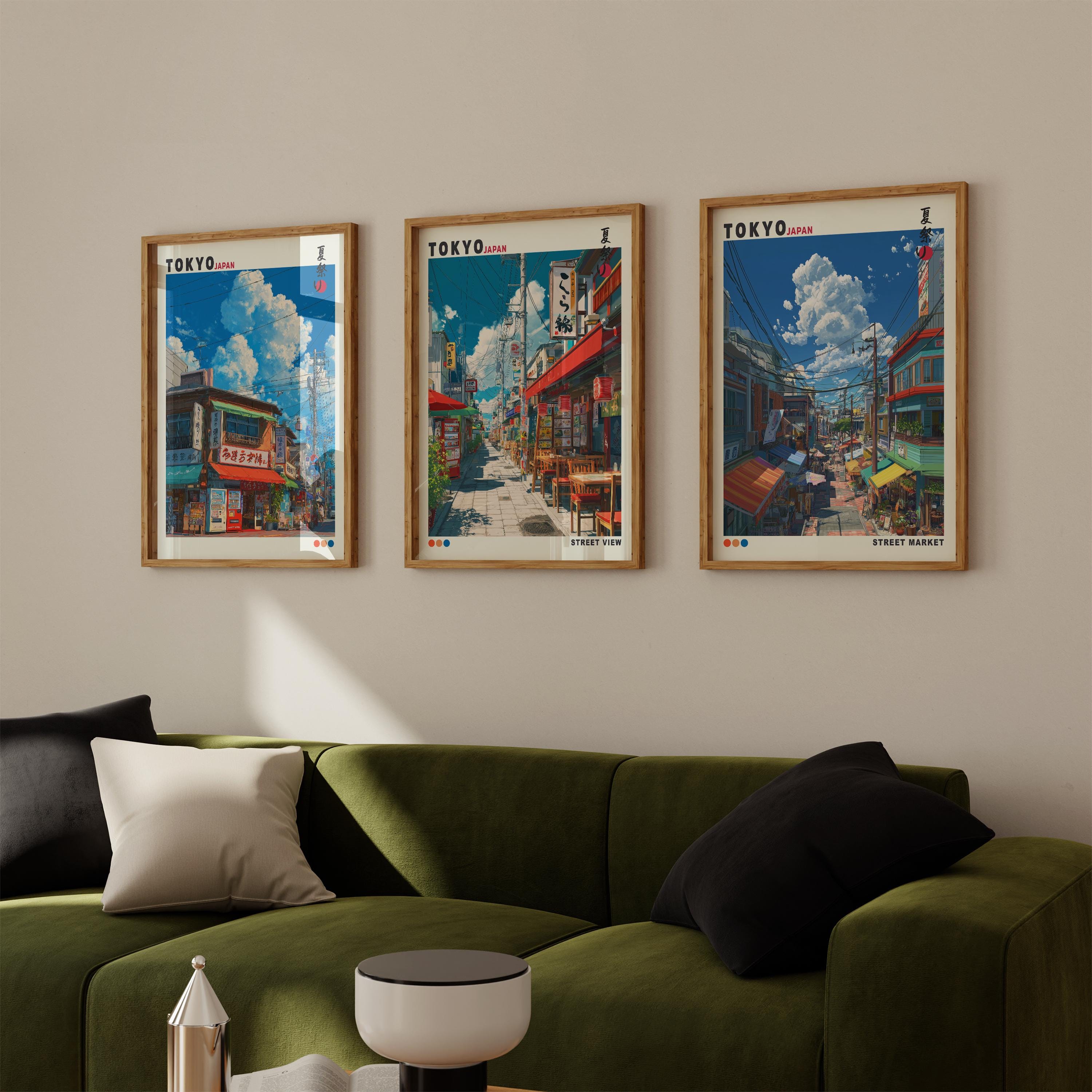 Tokyo Market Wall Art Set of 3, Japanese Street Print, Modern