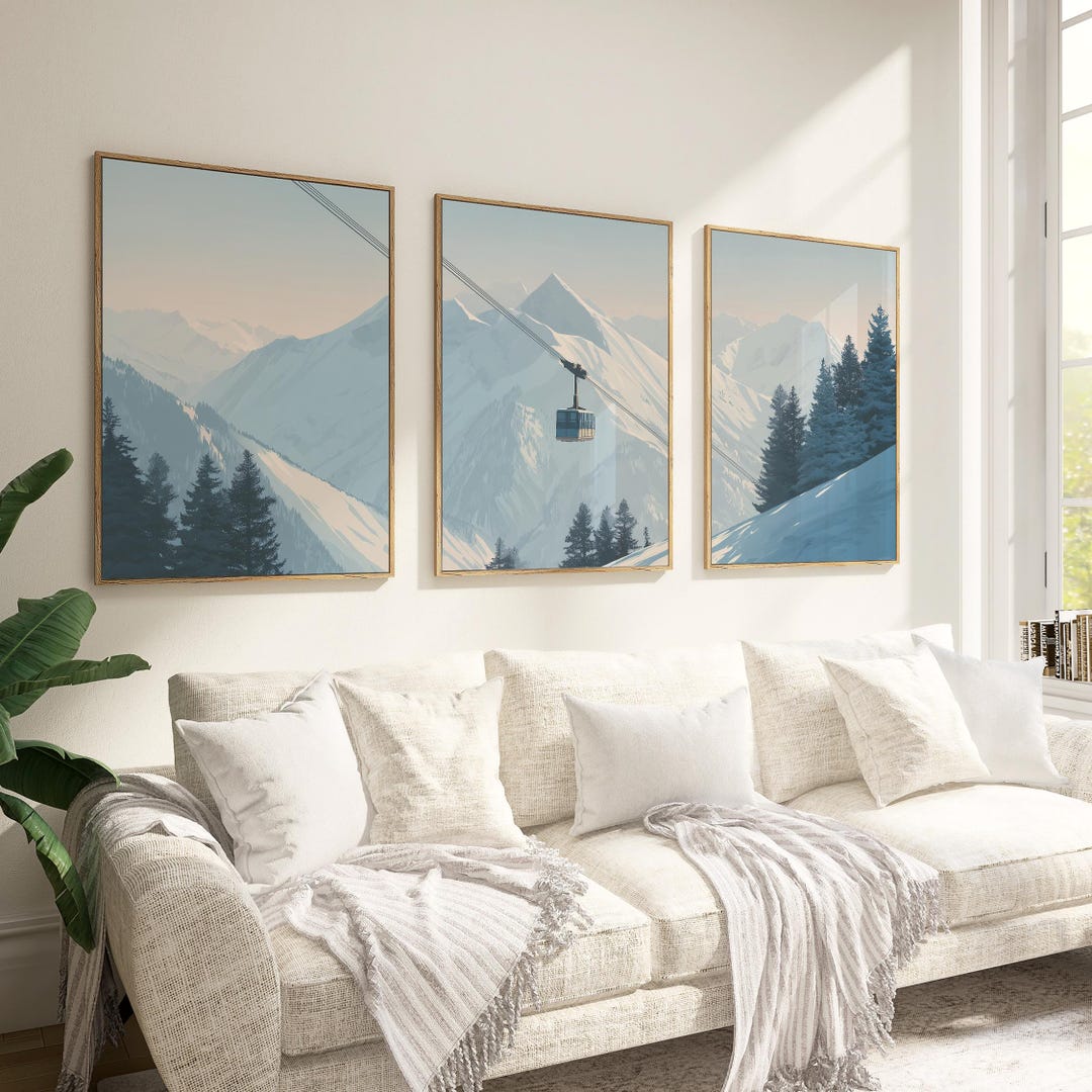 Winter Mountain Wall Art Set of 3, Cozy Snowy Ski Lift Poster, Neutral ...