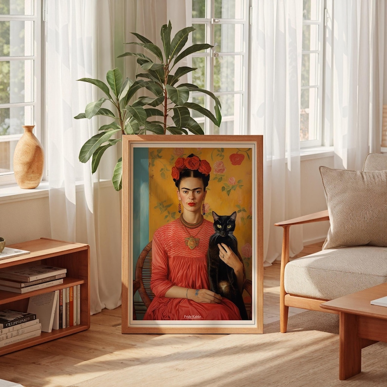frida kahlo portrait with black cat