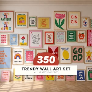 May include: A collection of framed wall art prints featuring various colourful graphic designs, illustrations, and typography. The prints include phrases like Love Is Patient, Good Things Take Time, Ciao Bella, and When Life Gives You Lemons, Make Lemonade.