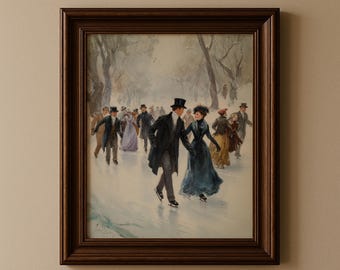 Vintage Ice Skating Wall Art Print, Snowy Winter Village Scene, Classic Skating Illustration, Cozy Winter Wall Decor Printable