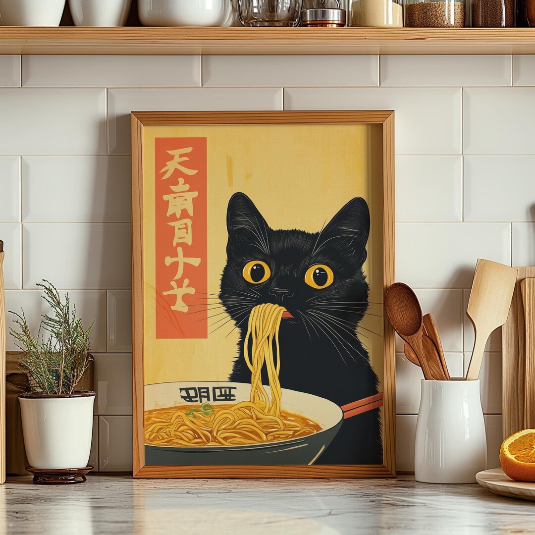 Cute Black Cat Eating Ramen Wall Art, Japanese Kitchen Wall Art, Noodle ...