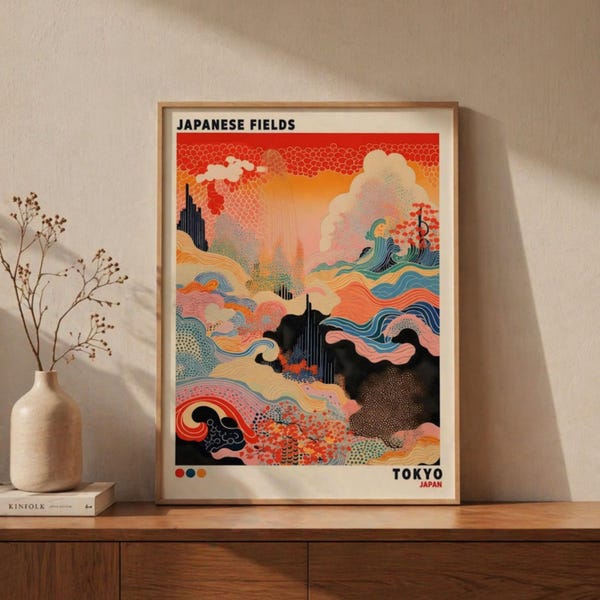 Arte mural de campos japoneses, póster abstracto de Japón, arte mural wabi sabi, arte mural japonés moderno, decoración de viajes a Japón