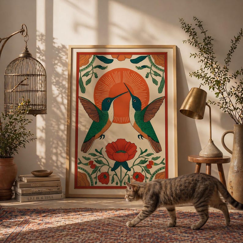 May include: A framed art print depicting two hummingbirds with green and brown wings, facing each other. The background includes a red sun, red flowers, and green leaves. The print is in a light wood frame.