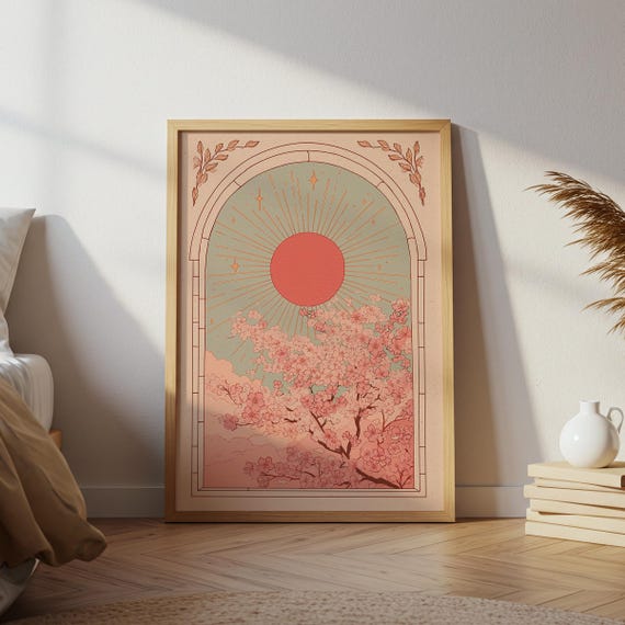 Cherry Blossom Art Print: Sunrise Sakura Tree, Folk Art (PDF/JPG)