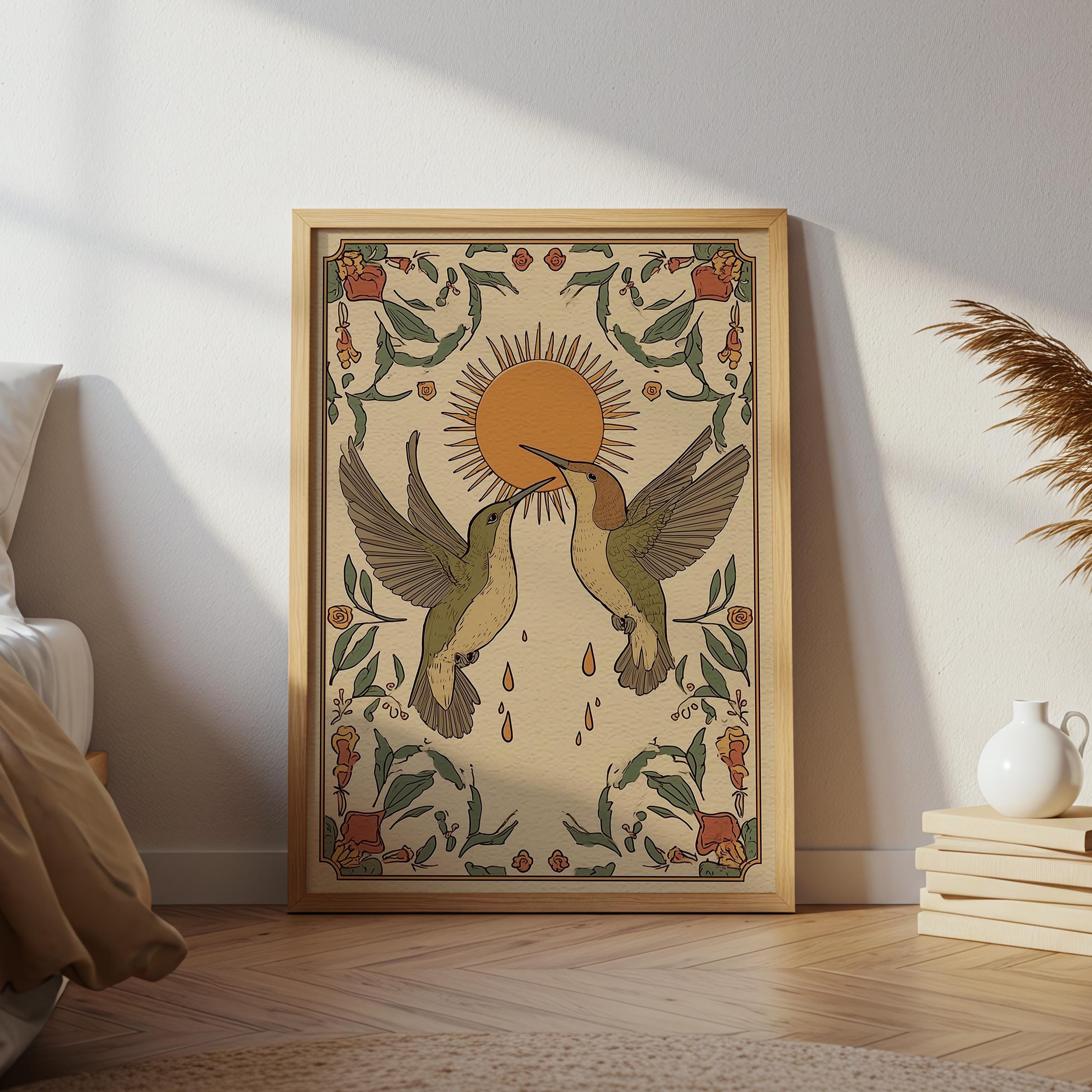 Ptak Folk Art Print, Neutralny wystrój domu, Folk Art Birds Print, Boho Wall Art, Spiritual Nature Wall Art, Japandi Wall Art