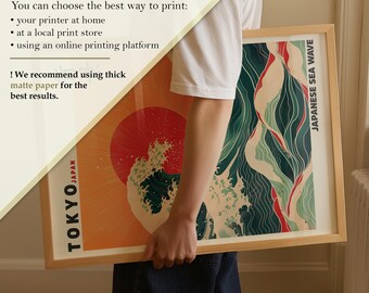 日本の海の波のポスター、赤い太陽を描いた東京のウォールアート