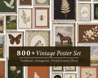 May include: A collection of framed wall art prints featuring various botanical, animal, and landscape illustrations in muted earth tones. The set includes images of birds, butterflies, flowers, a horse, and a rabbit, all displayed in light wood frames.