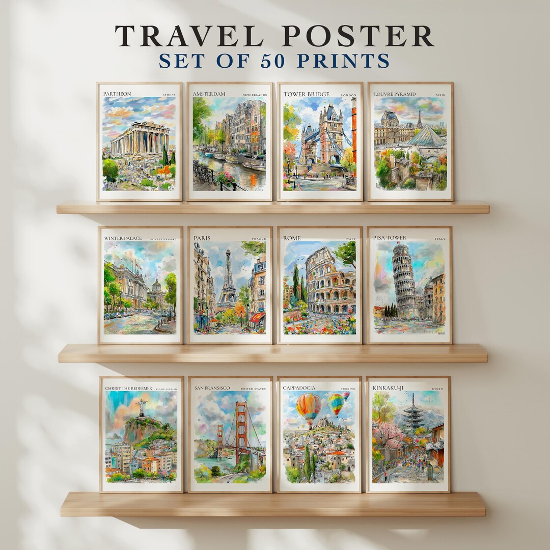 Travel Poster Set of 50 Prints, Travel Wall Art City Poster Set ...