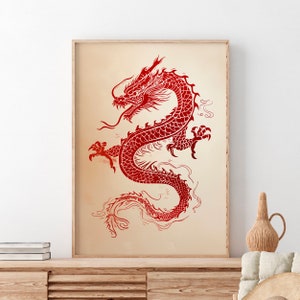 Red Dragon Poster, Japanese Wall Art, Japan Art, Japanese Art, Asian Wall Art