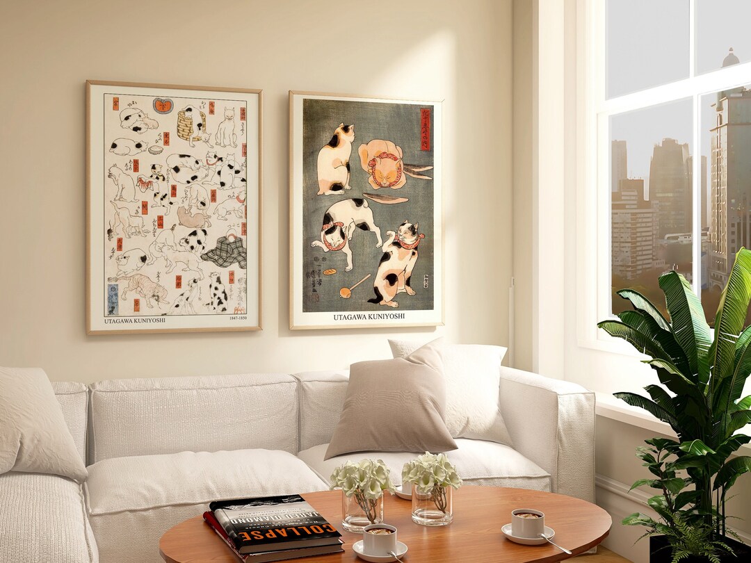 Japanese Cat Art Set of 2, Japanese Cat Print by Utagawa Kuniyoshi