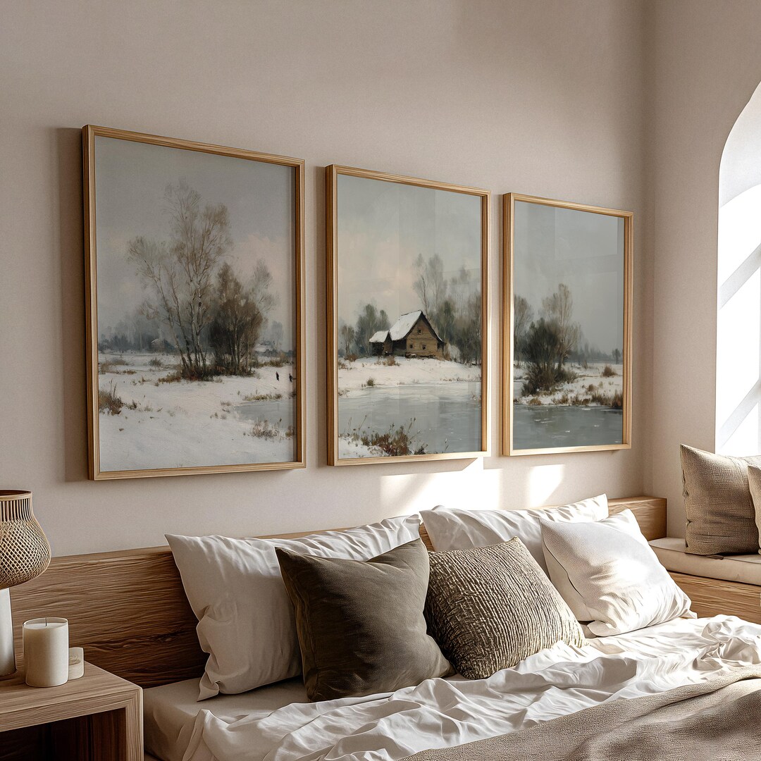 Winter Forest Wall Art Set of 3, Snowy River Landscape Print, Neutral ...