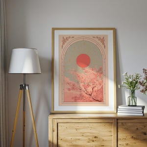 Cherry Blossom Folk Art Wall Art Print, Sunrise Sakura Tree Vintage Poster, Farmhouse Decor, Folk Art Prints, Japanese Wall Art