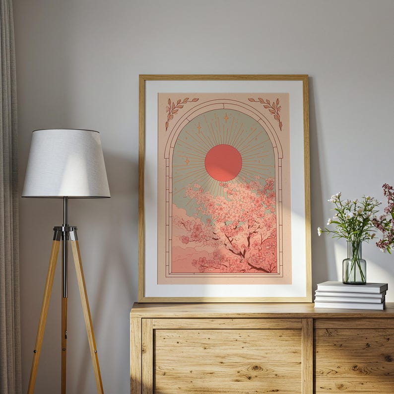 Cherry Blossom Folk Art Wall Art Print, Sunrise Sakura Tree Vintage Poster, Farmhouse Decor, Folk Art Prints, Japanese Wall Art