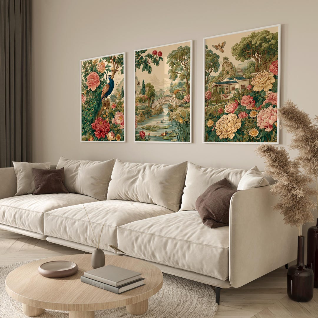 Chinoiserie Wall Art Set of 3, Vintage Chinese Peony Peacock Print ...