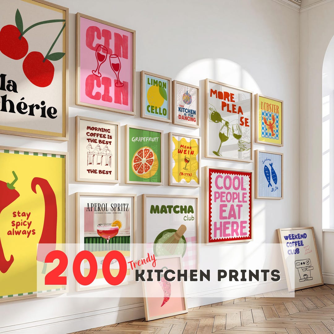 kitchen gallery wall set of 600, kitchen wall art,... Trendy Kitchen Wall Art Bundle of 200, Printable Modern Kitchen Art ...