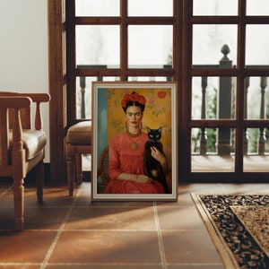 frida kahlo portrait with black cat