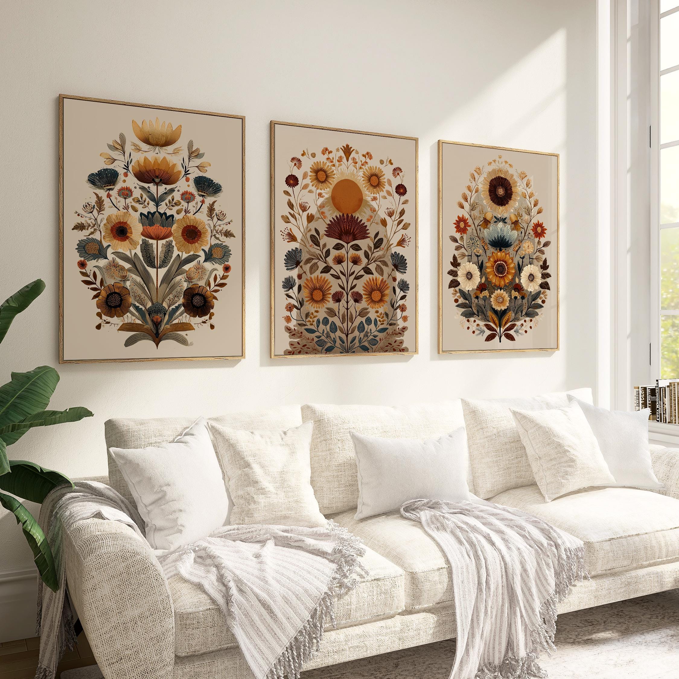 Floral Folk Art Print Set, Scandinavian Botanical Wall Art, Boho Living ...