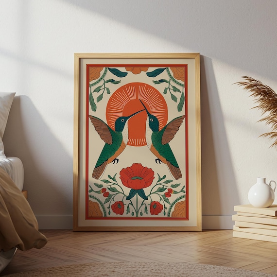 Scandinavian Hummingbird Folk Art Print: Nature Wall Decor, Printable Wall Art, Neutral Home Decor