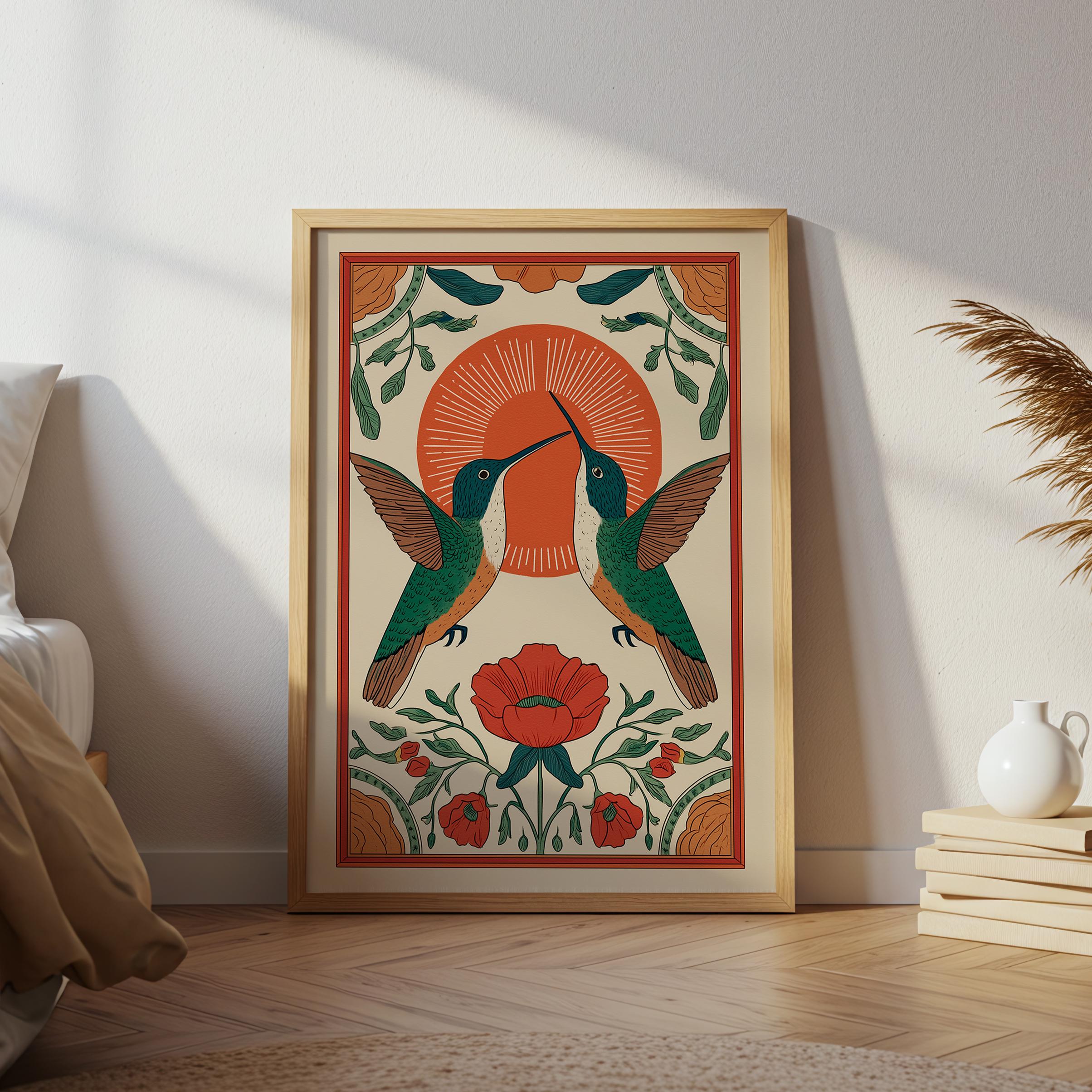 Scandinavian HummingBird Wall Art, Hummingbird Folk Art Print, Nature Folk Print, Scandinavian Decor, Farmhouse Wall Art, Digital Download