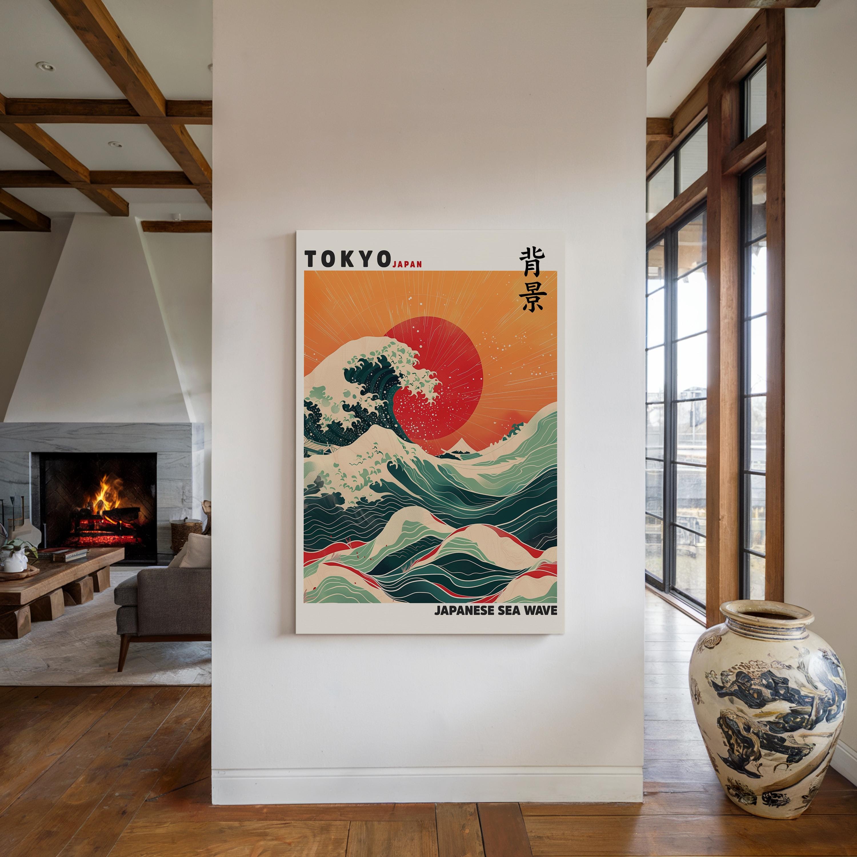 Japanese Sea Wave Poster, Tokyo Wall Art With Red Sun, Modern