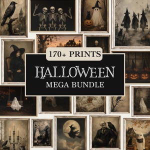 May include: A digital collection of 170+ Halloween prints featuring various dark and spooky illustrations including skeletons, ghosts, witches, black cats, ravens, pumpkins, and haunted landscapes, all presented in a collage with a central text label.