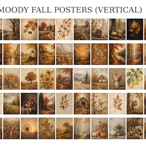 Op de afbeelding: Een verzameling verticale posters getiteld MOODY FALL POSTERS (VERTICAL) met diverse herfstthema-illustraties, waaronder landschappen, pompoenen, zonnebloemen, peren, eekhoorns en bomen in warme bruine, oranje en gouden tinten.