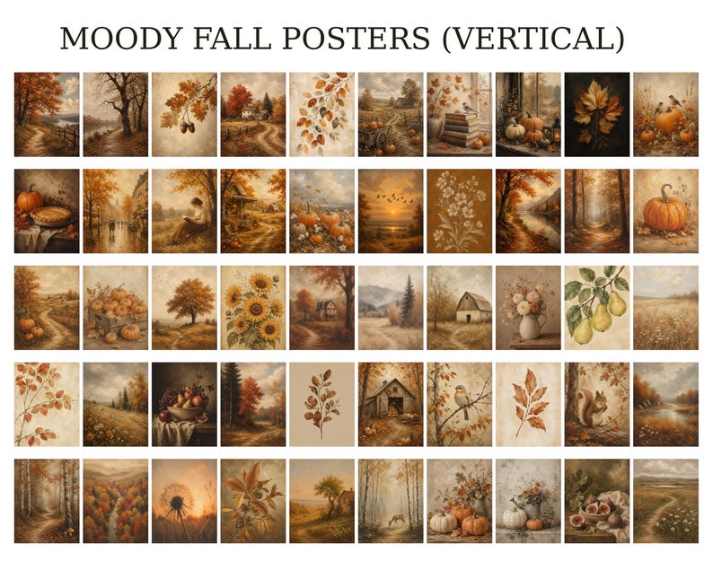 Op de afbeelding: Een verzameling verticale posters getiteld MOODY FALL POSTERS (VERTICAL) met diverse herfstthema-illustraties, waaronder landschappen, pompoenen, zonnebloemen, peren, eekhoorns en bomen in warme bruine, oranje en gouden tinten.