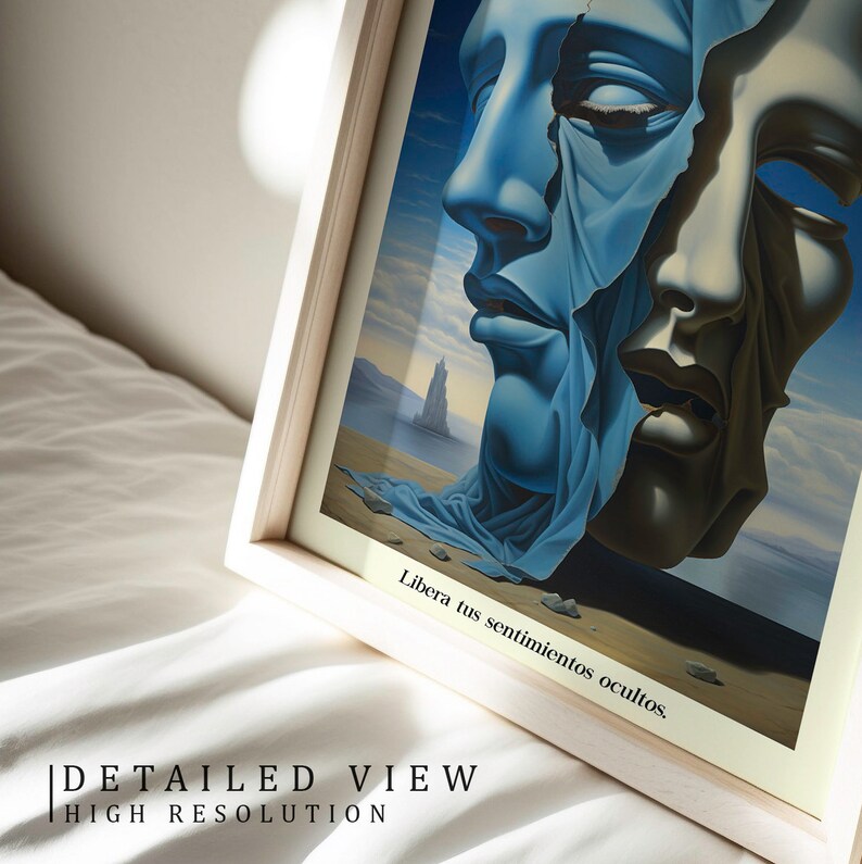 Op de afbeelding: Een ingelijste print van een surrealistisch schilderij met twee gezichten die gedeeltelijk bedekt zijn door een blauwe stof. De tekst "Libera tus sentimientos ocultos" is zichtbaar onderaan de print.