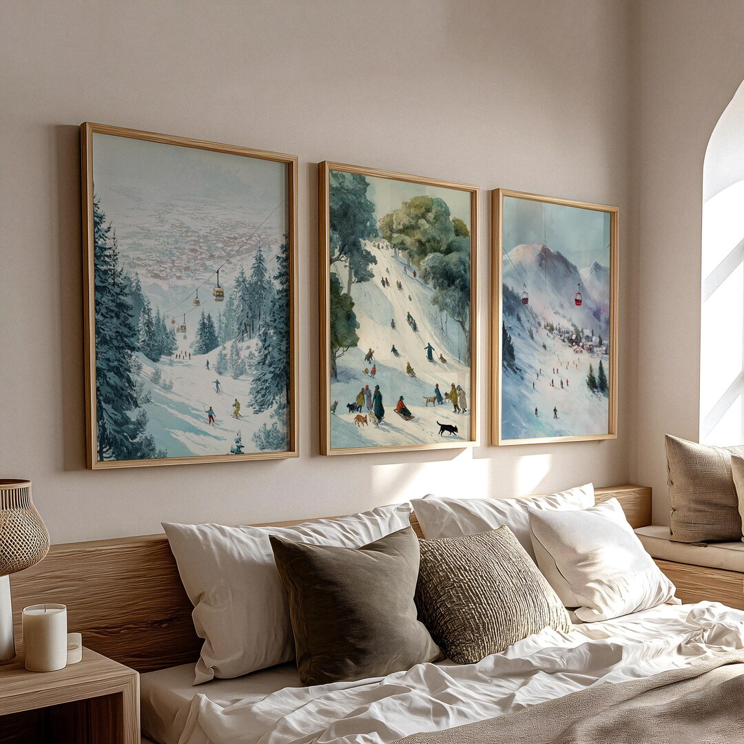 Winter Ski Wall Art Set of 3, Vintage Winter Mountain Prints, Snowy ...