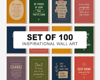 May include: A collection of rectangular wall art prints featuring various inspirational quotes in different colors including mustard, dark green, navy blue, and red. The text SET OF 100 INSPIRATIONAL WALL ART is centered over the grid of prints.