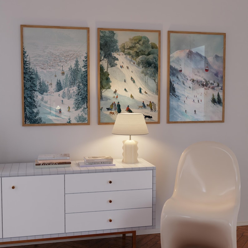 Winter Ski Wall Art Set of 3, Vintage Winter Mountain Prints, Snowy ...