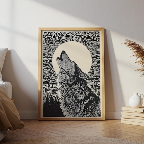 Howling Wolf Folk Art Print: Monochrome Woodcut Style Forest Scene