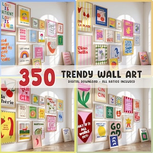 May include: A selection of framed art prints with diverse designs and quotes. The prints showcase colourful illustrations of fruits, flowers, and inspirational phrases. The text "350 TRENDY WALL ART" is displayed prominently.