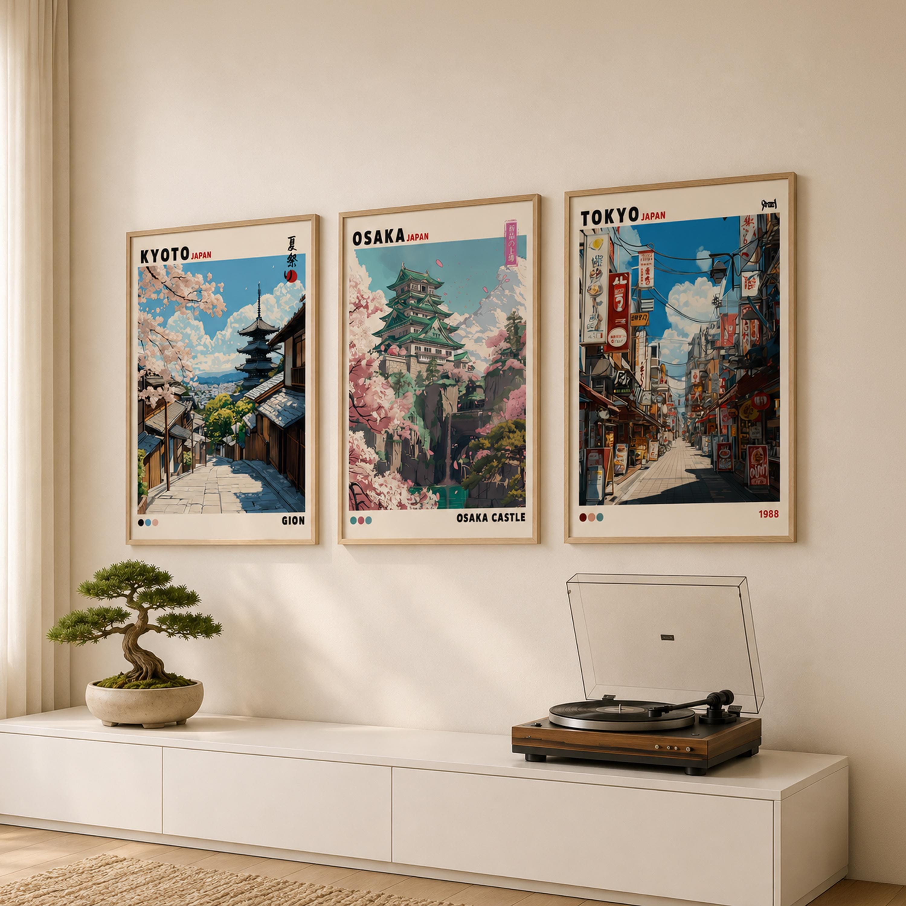 Japanese Wall Art Set of 3 Print, Tokyo Kyoto Osaka Poster