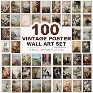 May include: A collection of 100 vintage poster wall art prints. The prints feature various classic paintings with floral, landscape, and animal themes. The text on the image reads "100 VINTAGE POSTER WALL ART SET HIGH QUALITY DIGITAL PRINTS."