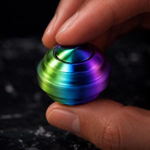 Puede incluir: Un fidget spinner esférico con un acabado iridiscente vibrante que transita por tonos verdes, azules y morados. La superficie metálica tiene una textura lisa y pulida con una tapa central circular para facilitar el giro.