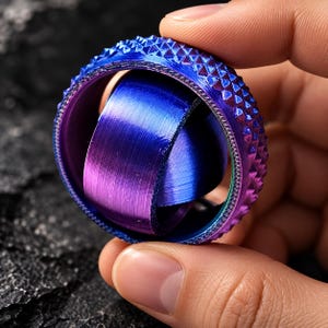 Könnte beinhalten: Ein kreisförmiges Fidget-Spinner-Spielzeug mit einem leuchtenden Farbverlauf in Blau und Violett. Der äußere Ring hat eine texturierte Oberfläche mit Rautenmuster, während das Innere aus glatten, geschwungenen Metallbändern besteht.