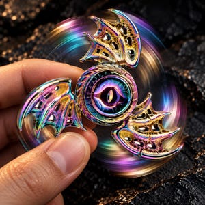 Può includere: Un fidget spinner in metallo con finitura iridescente arcobaleno. Il perno centrale presenta un design a occhio stilizzato, mentre i tre bracci radianti hanno la forma di ali di drago con intagli complessi e dettagli strutturati.