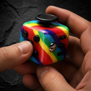 Peut inclure: Un cube anti-stress multicolore avec un motif à rayures arc-en-ciel sur ses faces. Le cube comprend un joystick noir sur le dessus, trois boutons noirs sur le côté, une bille en métal argenté et trois interrupteurs coulissants noirs sur le côté.