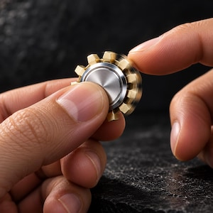 Może przedstawiać: Okrągły fidget spinner z metalowym mosiężnym pierścieniem zewnętrznym w kształcie koła zębatego z wieloma ząbkami oraz gładką, szczotkowaną, srebrną okrągłą nasadką środkową. Urządzenie ma kompaktową, mechaniczną konstrukcję z kontrastującymi złotymi i srebrnymi wykończeniami.