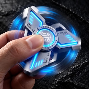 May include: A silver-toned metal fidget spinner with three arms, featuring bright blue glowing light accents. The centre cap displays the text YIJO DESIGN and ARMORED MECHANICAL. The device is captured in motion, creating a circular blue light blur.